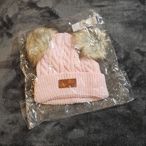 FAS Jeans Childs Beanie with Faux Fur Ear Poms in Light Pink